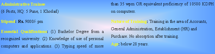 Text Box: Administrative Trainee 
(6 Posts, HQ: 5 Pune, 1 Khodad)Stipend: Rs. 9000/- pmEssential Qualifications: (1) Bachelor Degree from a recognized university. (2) Knowledge of use of personal computers and applications. (3) Typing speed of more than 35 wpm OR equivalent proficiency of 10500 KDPH on computers. Nature of Training: Training in the area of Accounts, General Administration, Establishment (HR) and Purchase. No absorption after training. 
Age: below 28 years. 